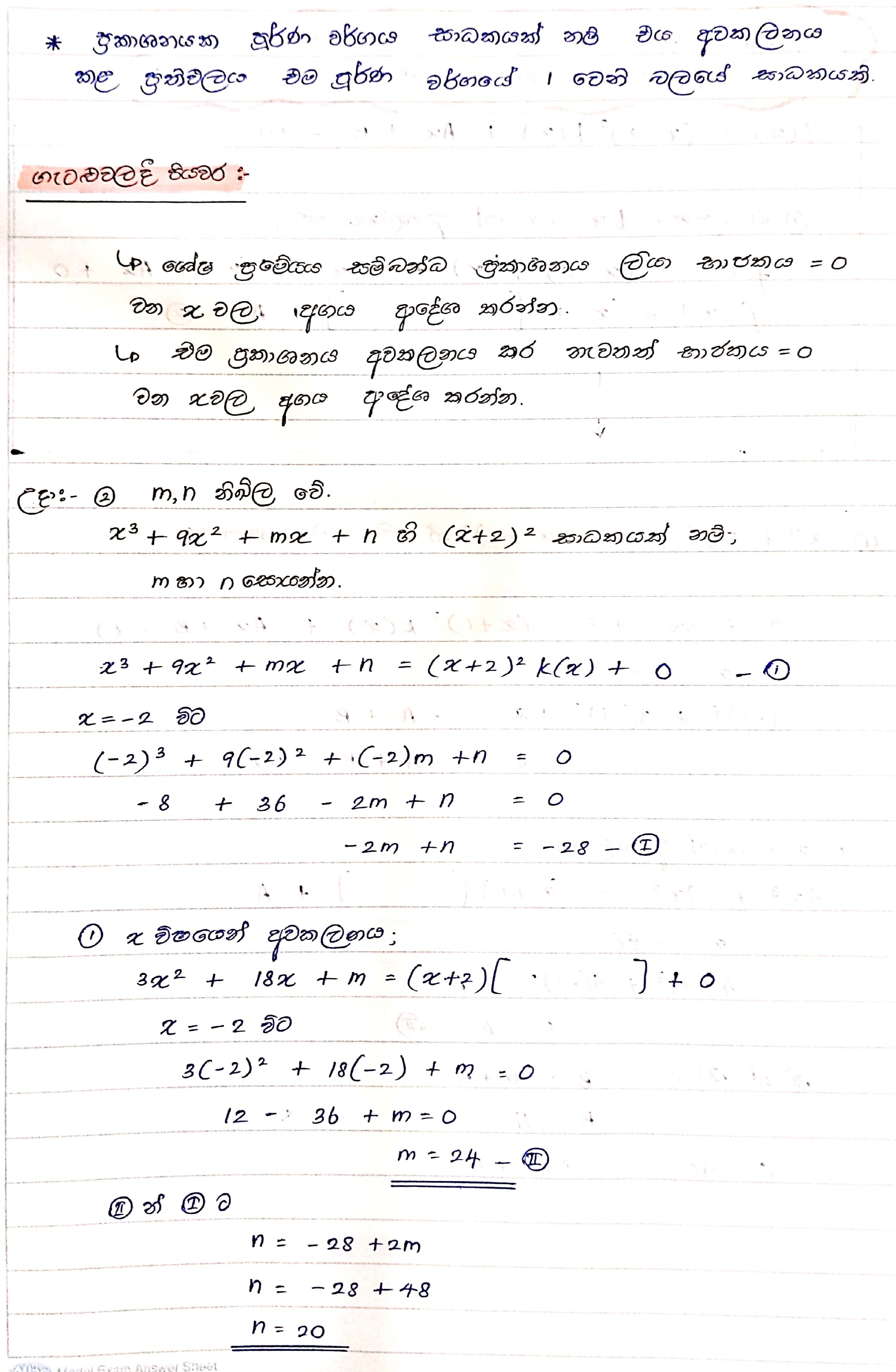අවකලනය ඇසුරින් ශේෂ ප්‍රමේයය | SHORT NOTE